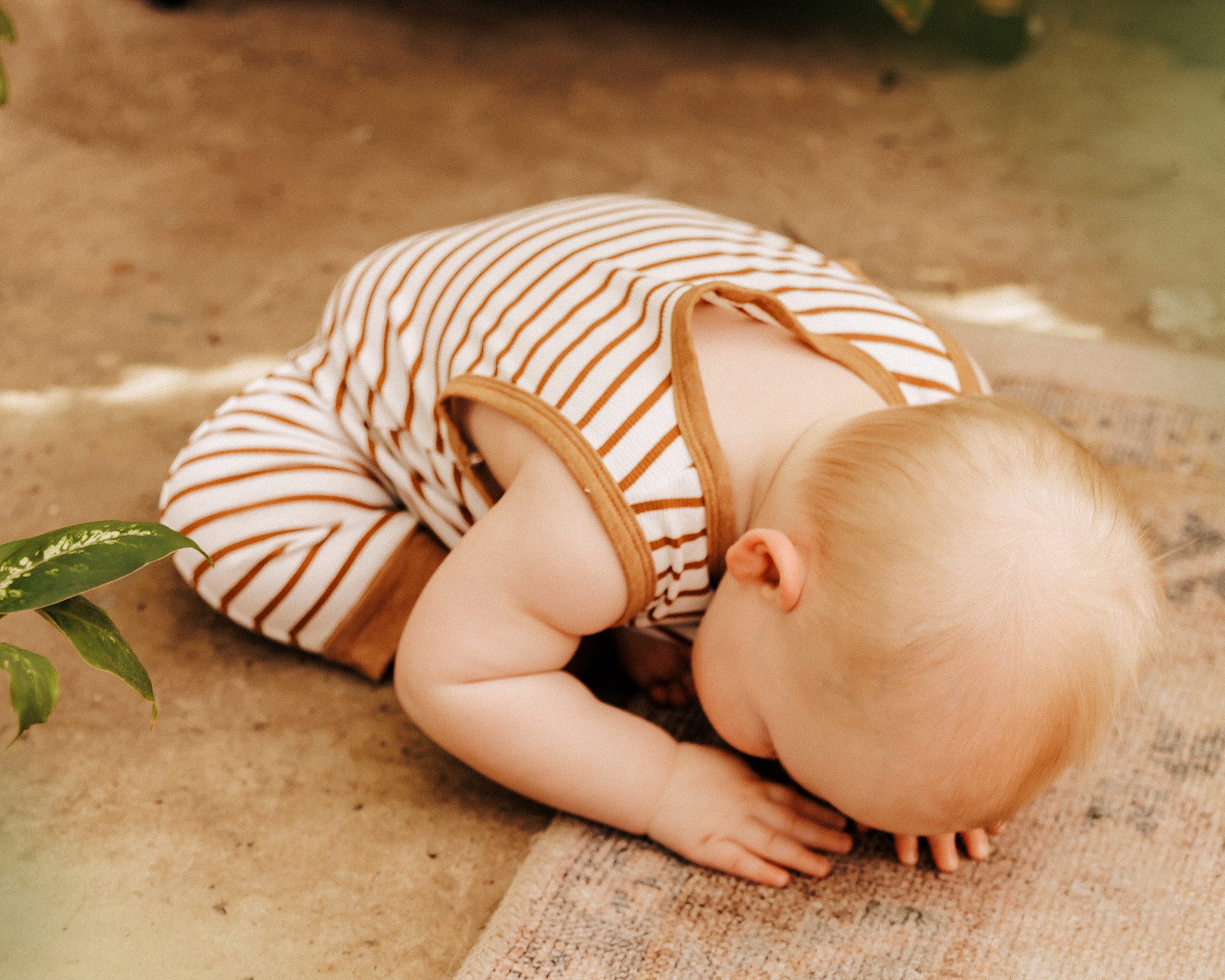 Baby boy laying on the floor of a green house during a mini session