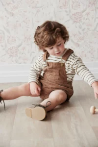 Product Photo of brown baby boy overalls for springtime
