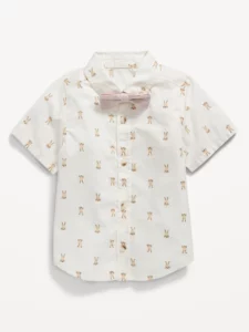 Product Photograph of a Toddler Boy's White Collared Shirt with Bunnies Printed on the Fabric