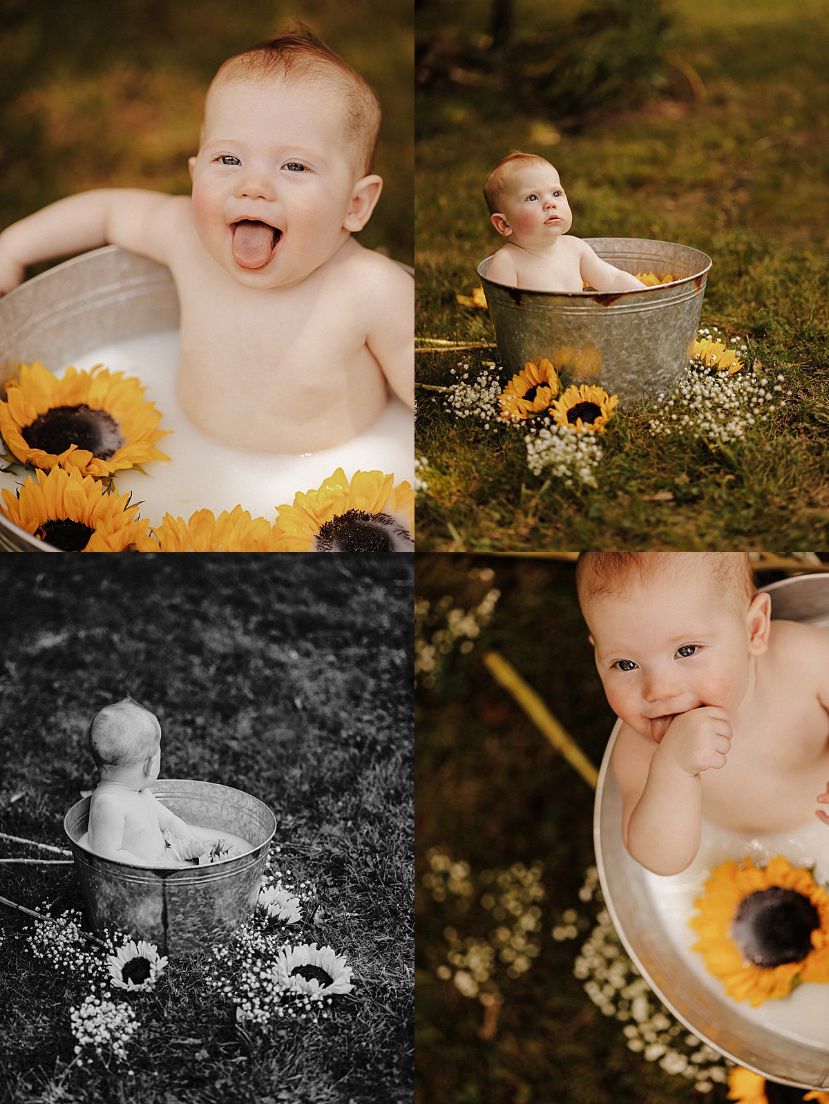 Baby with red hair sits in a bucket with flowers