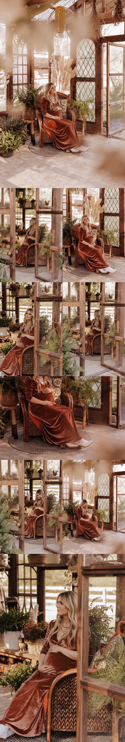 Pregnant woman sits in a boho chair in a greenhouse