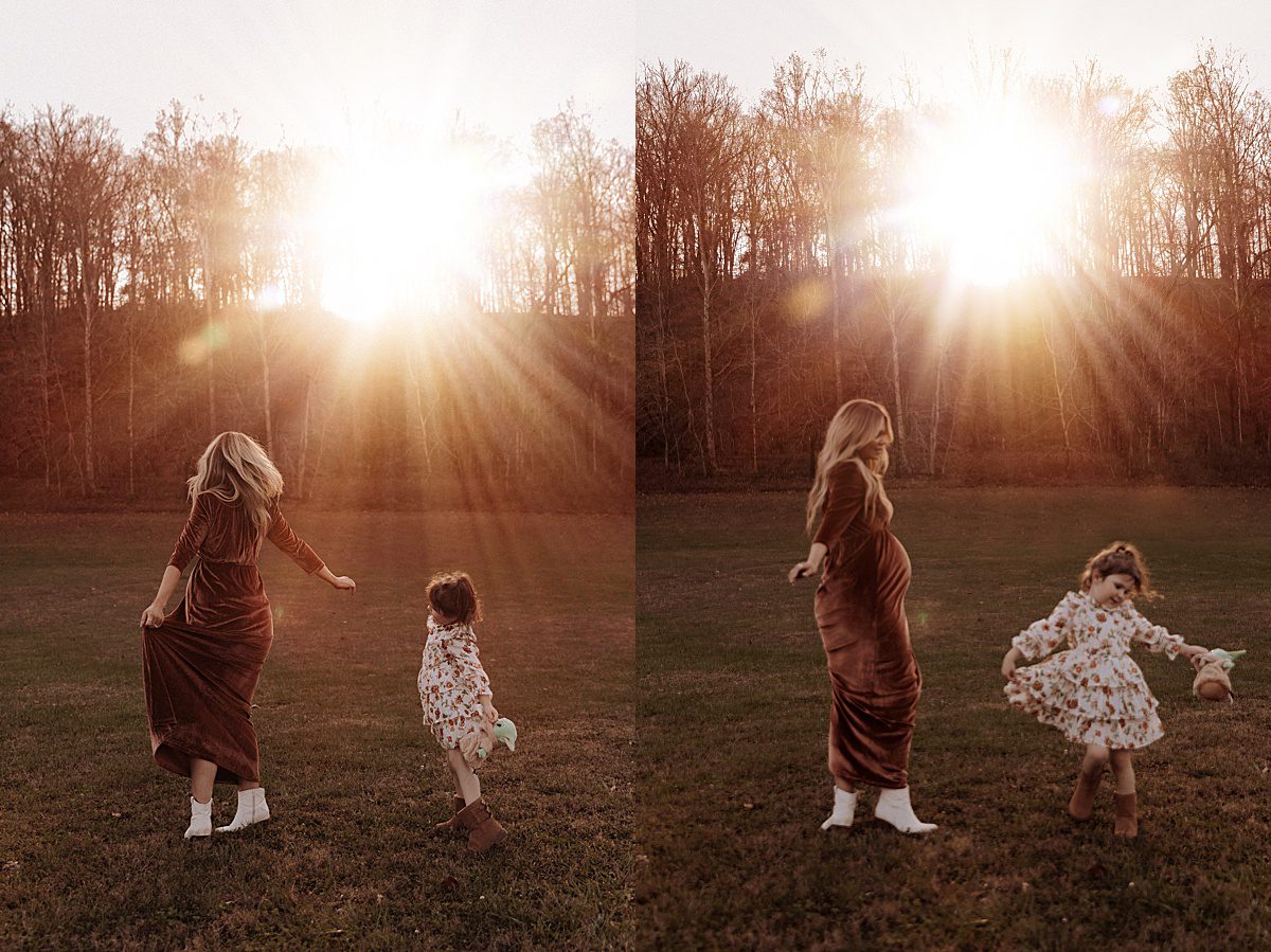 A pregnant woman in a velvet dress dances with her daughter in the sunset