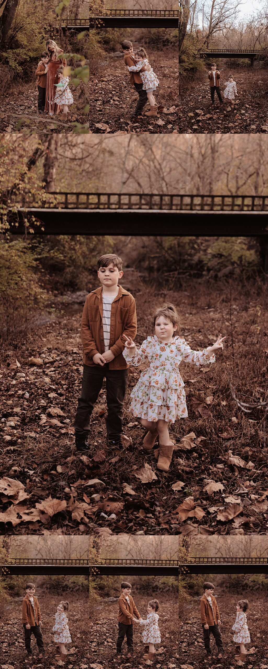 A little boy and his younger sister stand on a creek bank