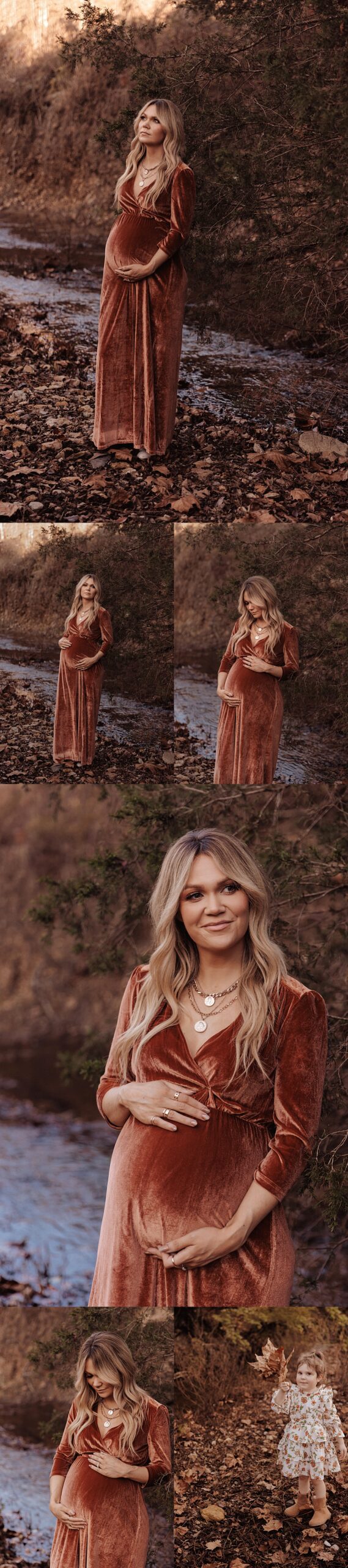 lifestyle maternity pose of a pregnant mother standing beside a creek